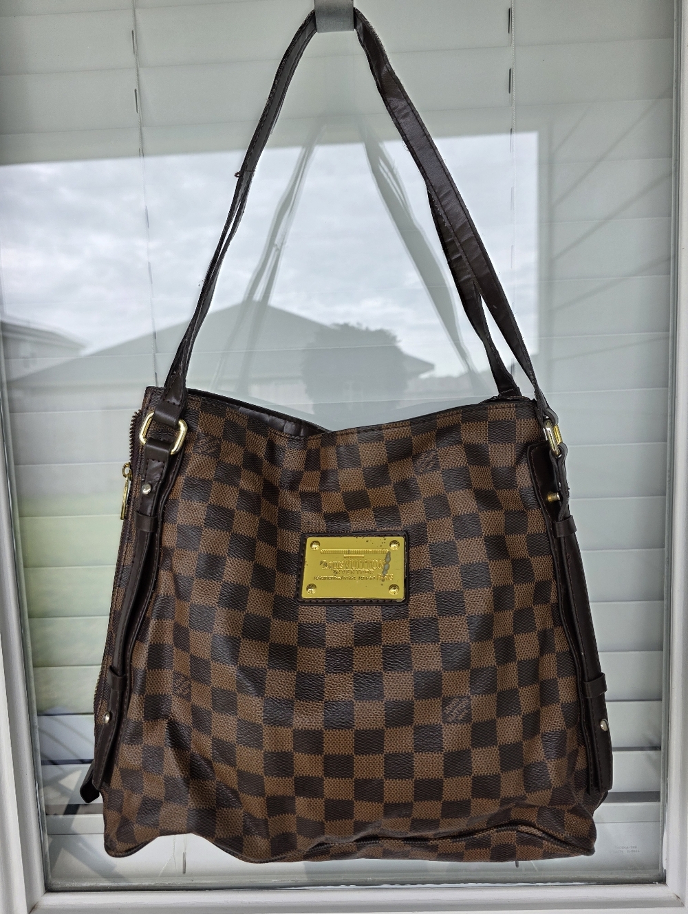 Louis Vuitton Brown Checkered Shoulder Top Handle Bag Women 11x13 Inches - Picture 3 of 15